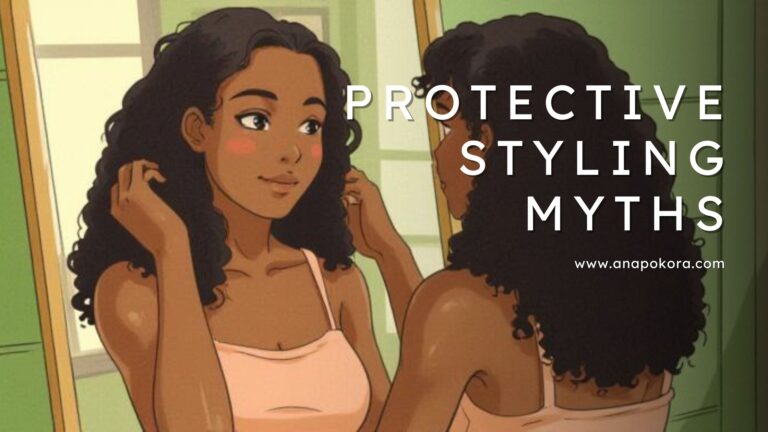 Illustrated brown-skinned woman with long curly hair looking in a mirror while adjusting her curls beside the title "Protective Styling Myths."