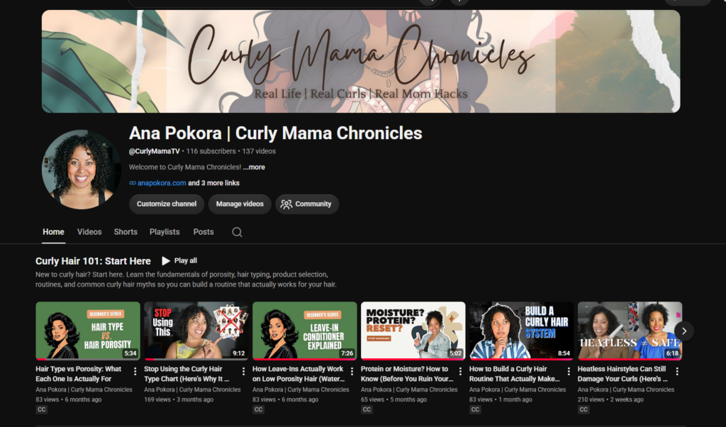 Screenshot of the Curly Mama TV YouTube channel homepage showcasing educational curly hair content and channel branding.