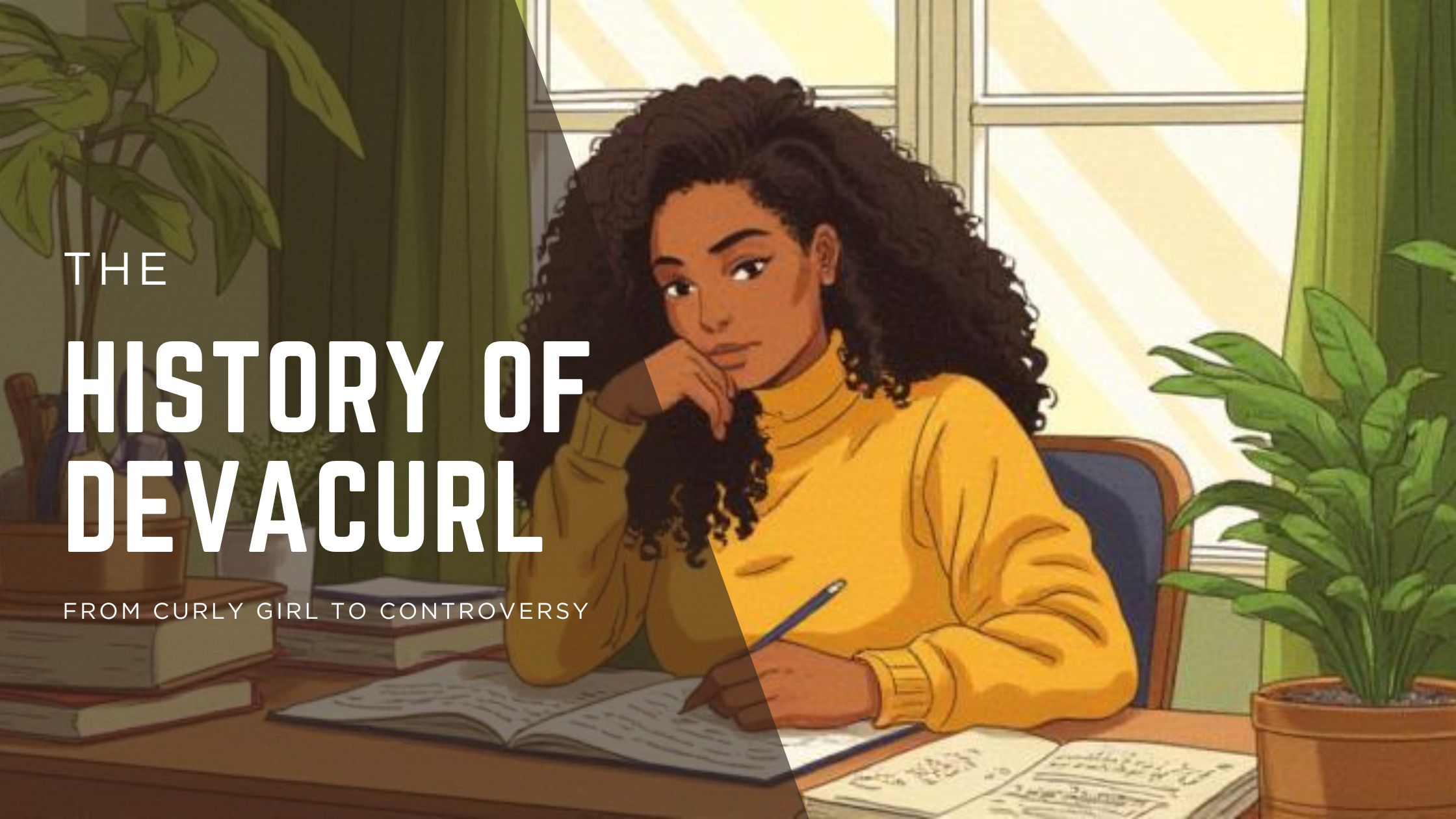 Brown-skinned woman with long curly hair researching the history of DevaCurl at a desk with books and notes.