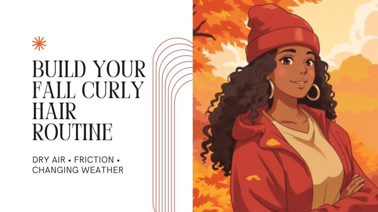 Illustration of a woman with long curly hair wearing a beanie in fall weather beside the text “Build Your Fall Curly Hair Routine.”