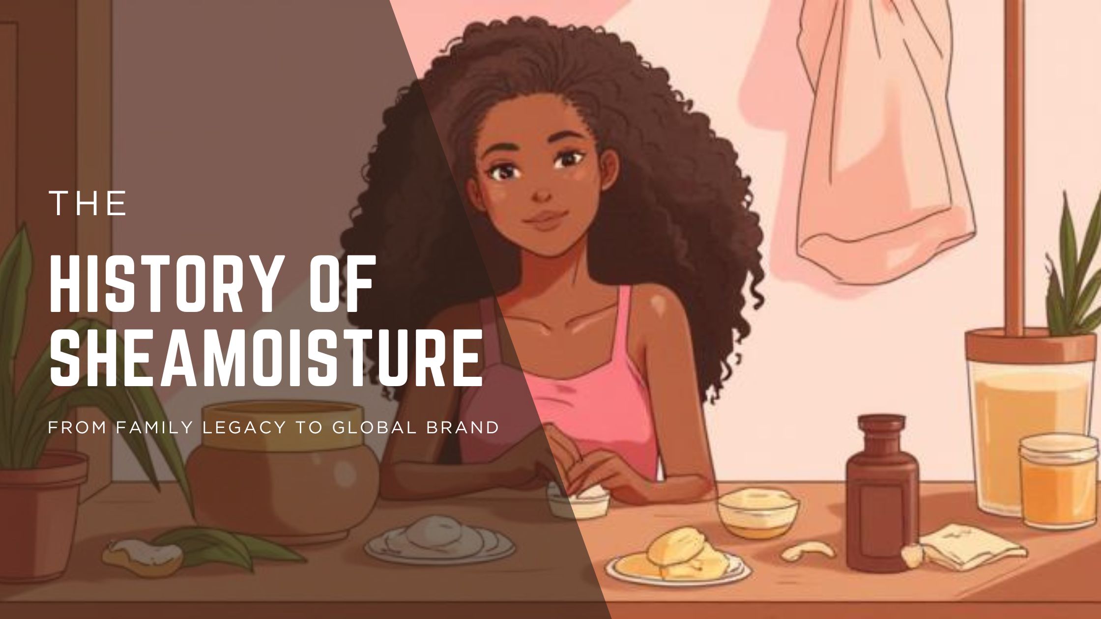 Illustration of a woman with natural curly hair surrounded by traditional hair and skincare ingredients for the history of SheaMoisture.