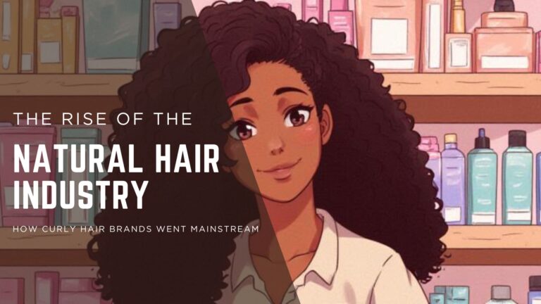 Illustration of a woman with curly hair surrounded by hair products for an article about the rise of the natural hair industry.