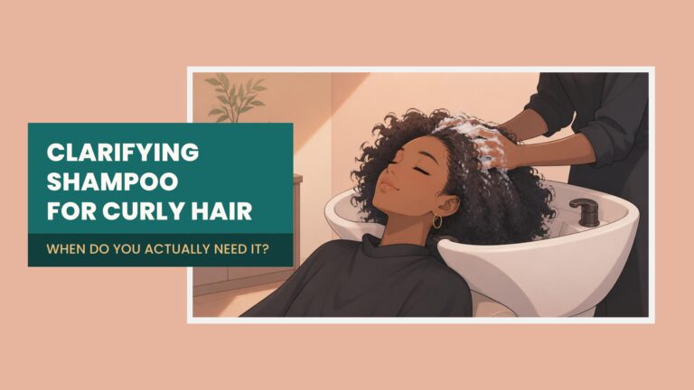 Illustration of curly hair being shampooed at a salon sink with text reading “Clarifying Shampoo for Curly Hair: When Do You Actually Need It?”