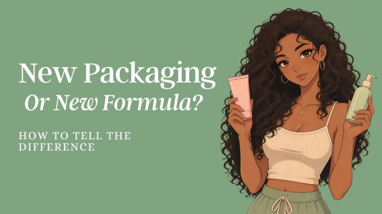 Illustration of a woman holding two hair products beside the text “New Packaging or New Formula? How to Tell the Difference.”