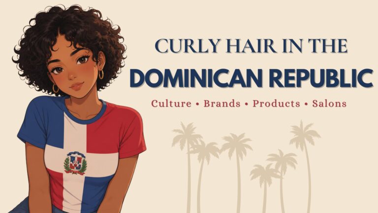 Illustration of a woman with curly hair wearing a Dominican Republic flag shirt beside the text “Curly Hair in the Dominican Republic.”